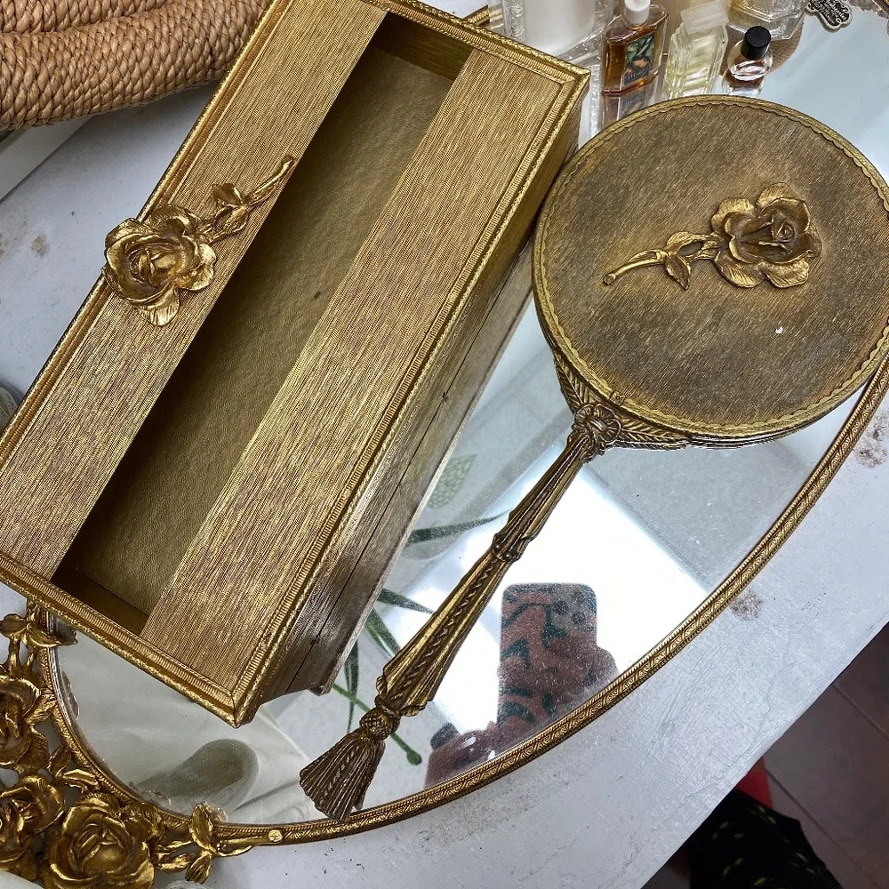 Vintage Gold Rose Stylebulit Mirrored Vanity Tray, Hand Mirror + Tissue Box